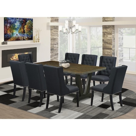 East West Furniture 9 Piece V-Style Dining Set - Wire Brush Black V677FO624-9